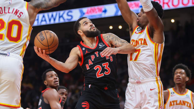 Raptors guard Fred VanVleet shoots over Atlanta Hawks forward Onyeka Okongwu.